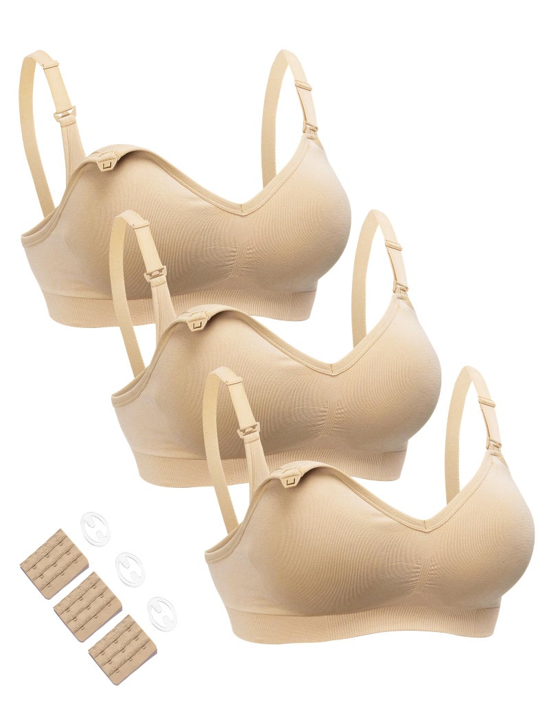 HOFISH Maternity Nursing Bra for Breastfeeding Pregnancy Deep V Neck T-Shirt Wireless Bra with Extenders & Clips Beige S - Image 1